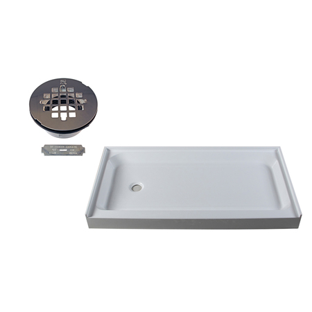 WESTBRASS Shower Pan 60 x 34 3-Wall W/ Left Hand Plastic  Drain W/ Modern Cross Grid in Polished Chrome HPG6034LWHP-26